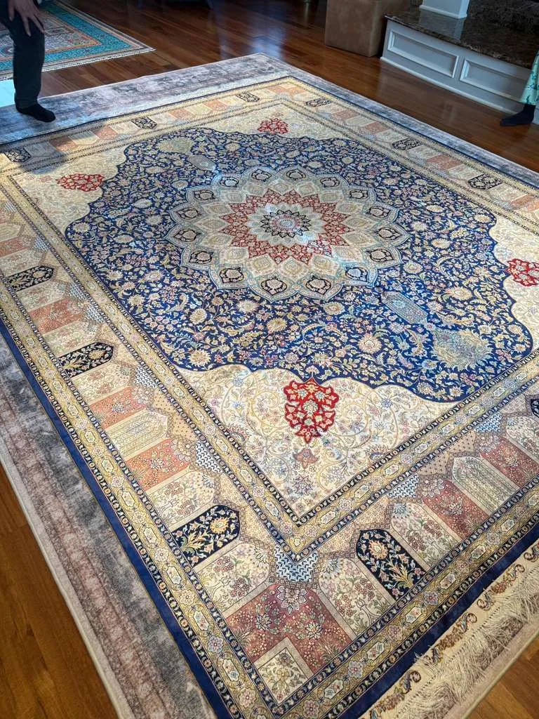 Indigo Star-Medallion Silk Carpet